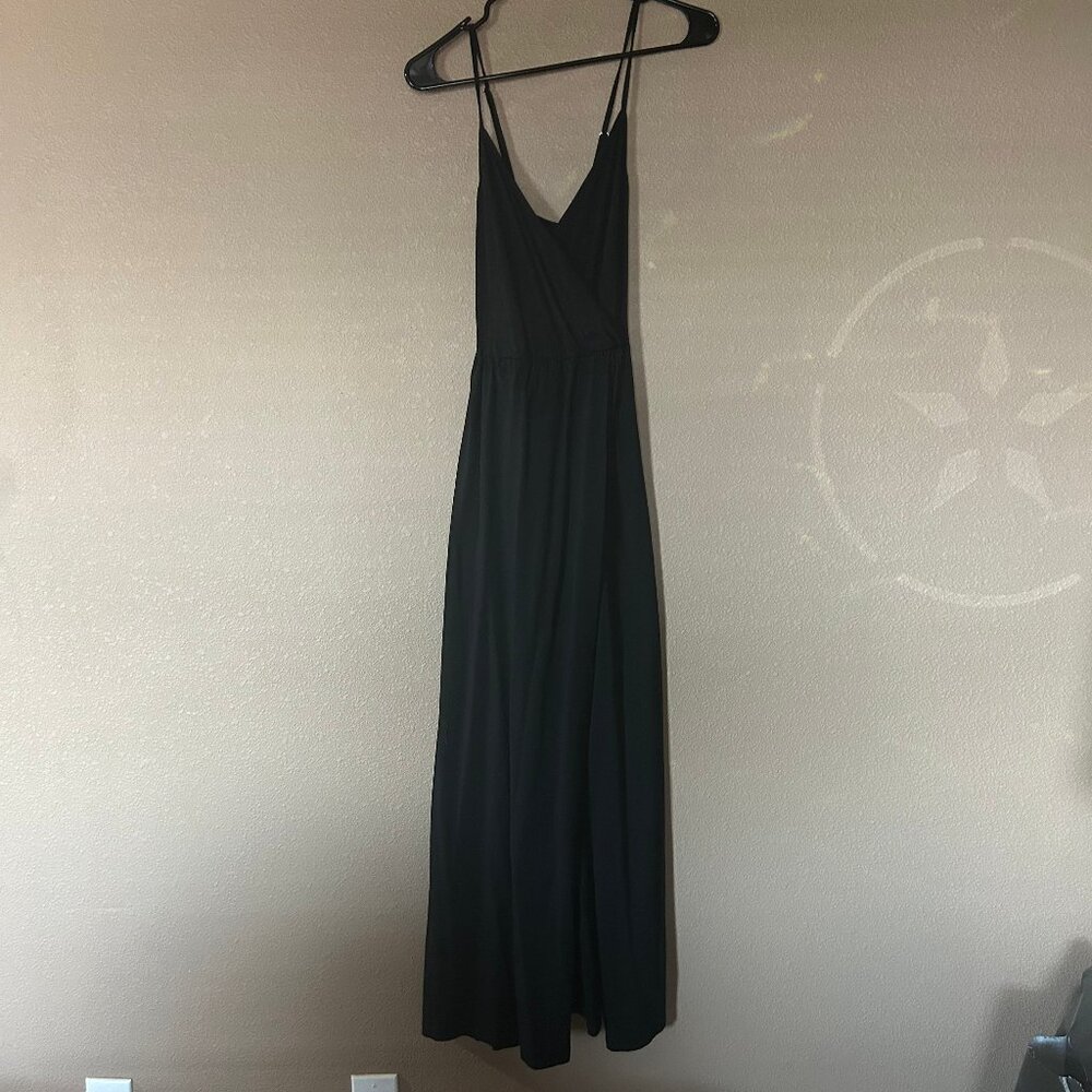 Black V-Neck Long Dress with Leg Slit - Large